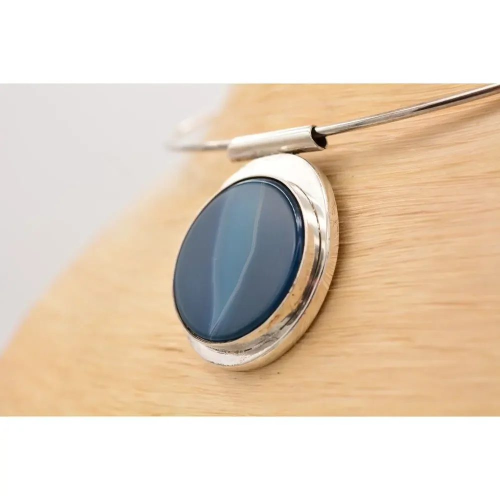 Vintage 925 Gemstone Necklace Blue Marbled Bezel Cabochon Sterling Silver Boho